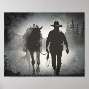 Cowboy Horse Silhouette Decoupage Print Poster