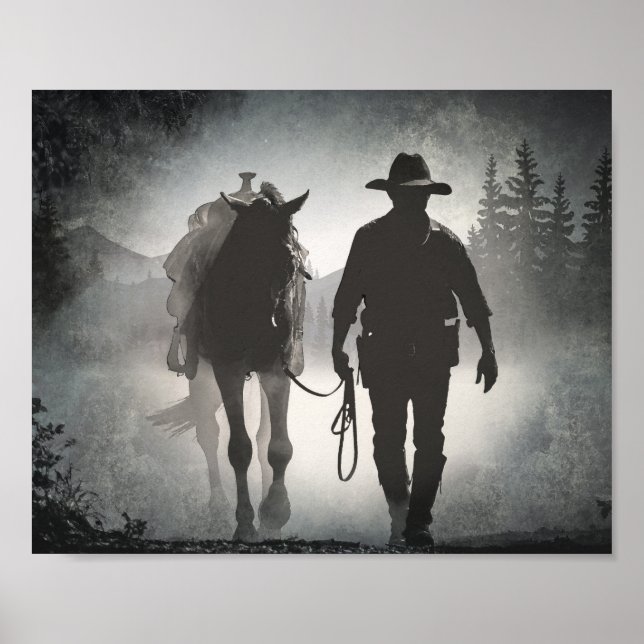 Cowboy Horse Silhouette Decoupage Print Poster (Vorne)