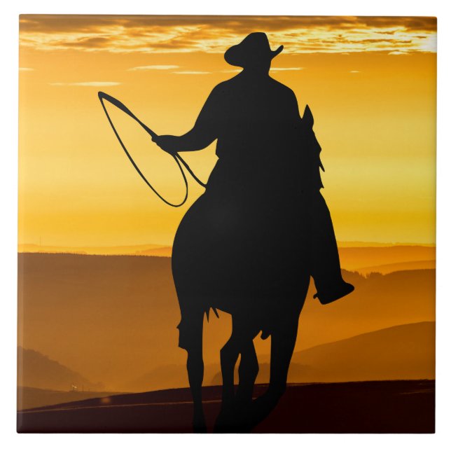 Cowboy Horse Sunset Silhouette Fliese (Vorderseite)