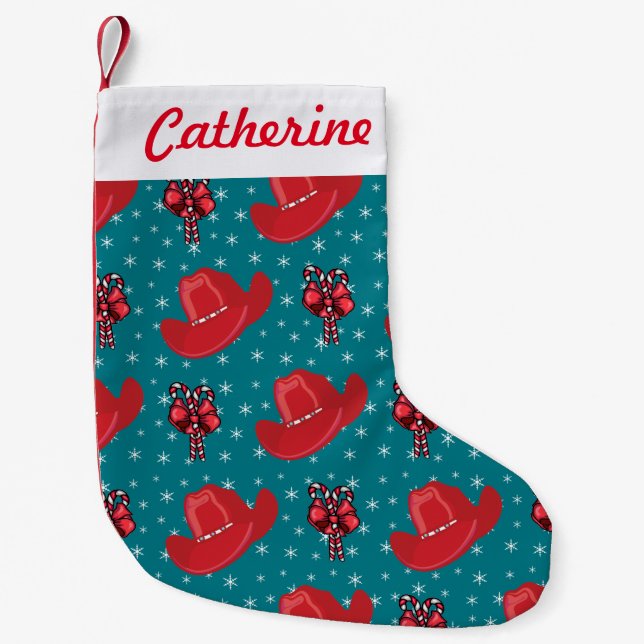 Cowboy Hut und Candy Canes mit Snowflakes Holiday Kleiner Weihnachtsstrumpf (Vorderseite)