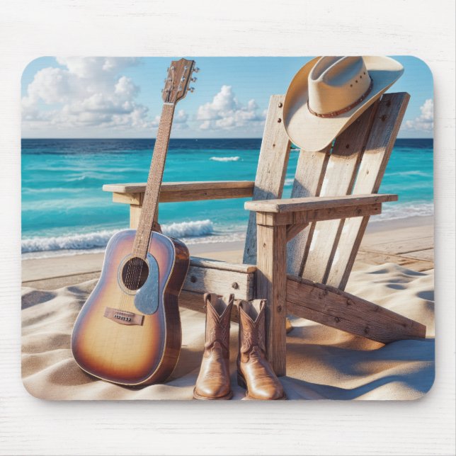 Cowboy-Hut und -Stiefel im Strand-Sand Mousepad (Vorne)