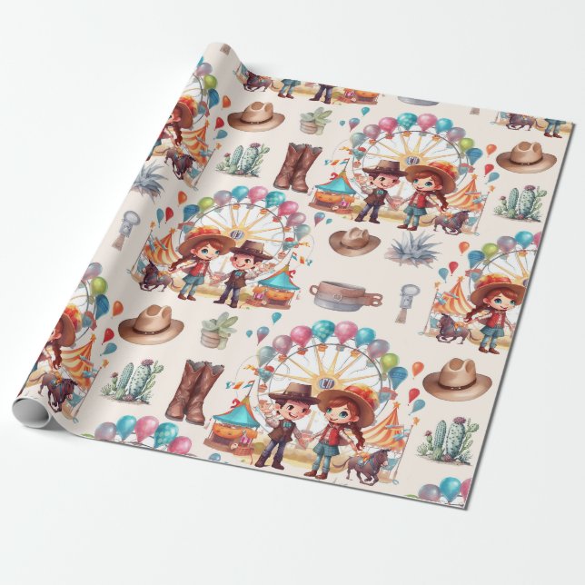 Cowboy-Karneval-Rundschau Geburtstag Geschenkpapier (Ungerollt)