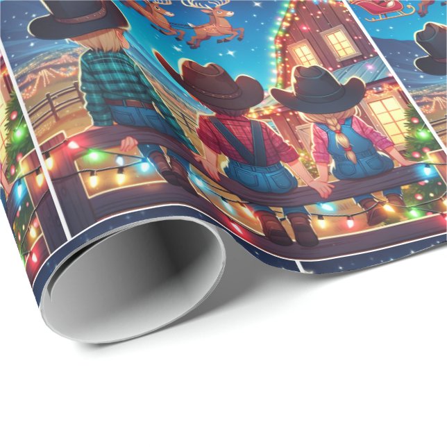 Cowboy Kinder auf Zaun Der Weihnachtsmann fliegt ü Geschenkpapier (Rolleneckpunkt)