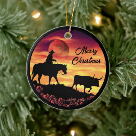 Cowboy & Longhorn Steer Weihnachtsdekoration Keram Keramik Ornament