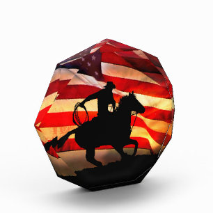 Cowboy mit amerikanischem Flaggenland-Western Fotoblock