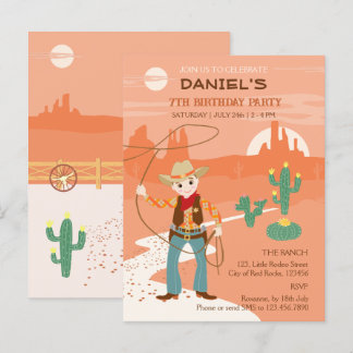 Cowboy mit einer Lasso und einem Kakteen-Kindergeb Einladungspostkarte