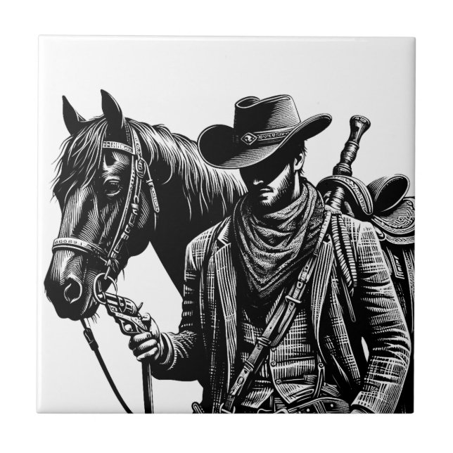 Cowboy mit Pferdeillustrierung Western Art Fliese (Vorderseite)