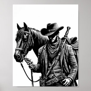 Cowboy mit Pferdeillustrierung Western Art Poster