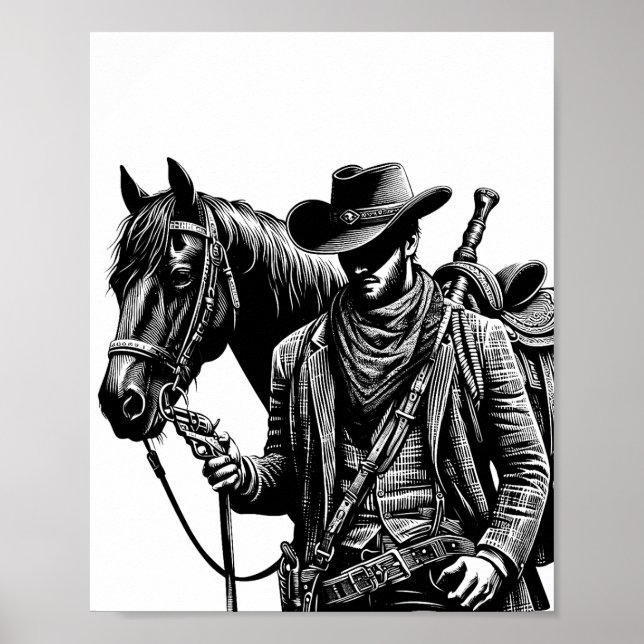 Cowboy mit Pferdeillustrierung Western Art Poster (Vorne)