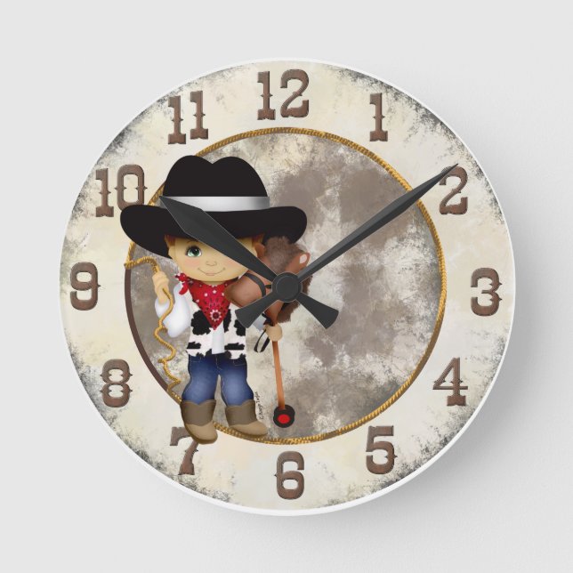 Cowboy mit Stock-Pferdeuhr Runde Wanduhr (Vorderseite)
