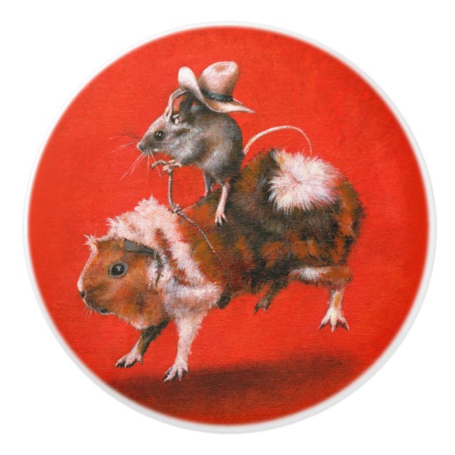 Cowboy Mouse Riding Guinea Schweineknopf Keramik Keramikknauf (Vorderseite)