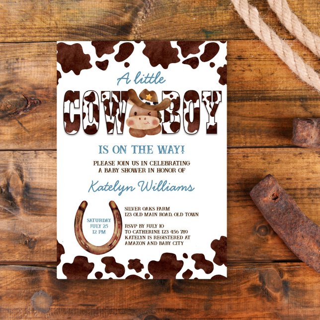 Cowboy niedliches Kinderpferd Western Babydusche Einladung (Cowboy cute baby horse blue brown cow pattern ranch western baby shower invitation template download)