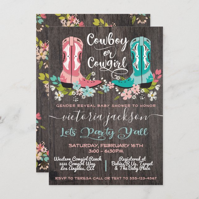 Cowboy oder Cowgirl Baby Shower Gender Reveal Einladung (Vorne/Hinten)