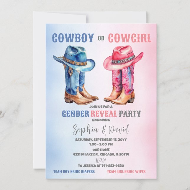 Cowboy oder Cowgirl Gender Reveal Party Einladung (Vorderseite)