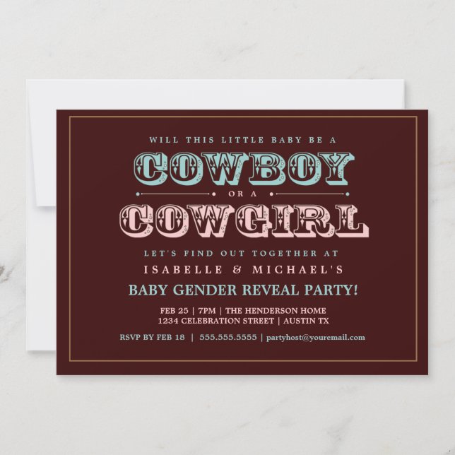 Cowboy-oder Cowgirl-Land-Baby-Geschlecht decken Einladung (Vorderseite)