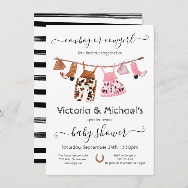Cowboy oder Cowgirl Reveal Clothesline Babydusche Einladung (Vorne/Hinten)