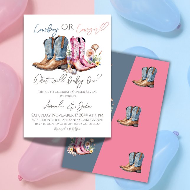 Cowboy oder Cowgirl Stiefel Blue Pink Gender Revea Einladung (Von Creator hochgeladen)