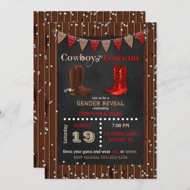 Cowboy oder Cowgirl Western Gender Reveal Red Brow Einladung (Vorne/Hinten)