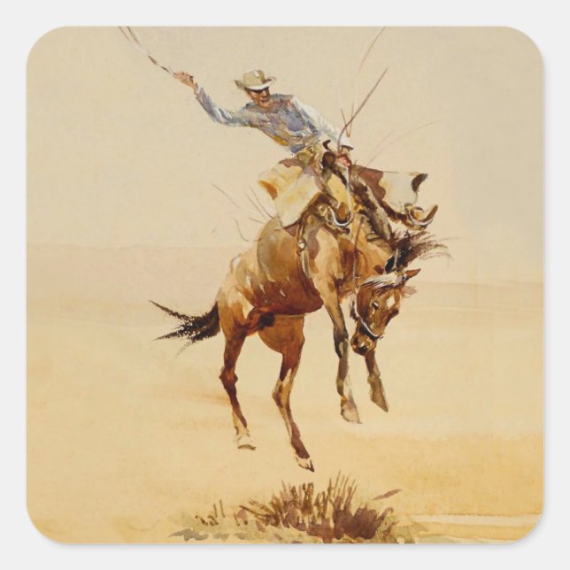 Cowboy on a Bucking Horse #2 by Edward Borein Quadratischer Aufkleber (Vorderseite)