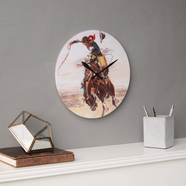 Cowboy on Bucking Bronco Große Wanduhr (Büro)