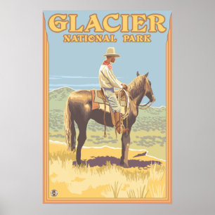 Cowboy on Horseback - Glacier National Park, MT Poster