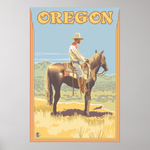 Cowboy on Horseback - Oregon Poster