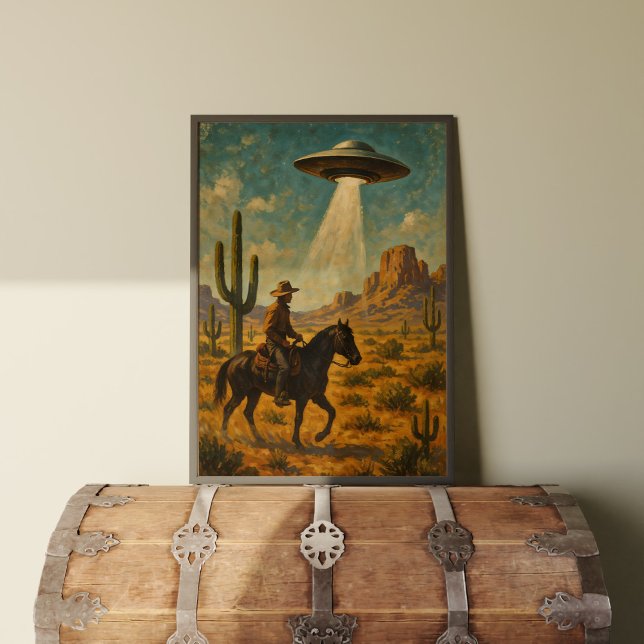 Cowboy on Horseback UFO Begegnung Wall Art Poster (This fun and whimsical illustration depicts a cowboy on horseback encountering a UFO in the desert. )