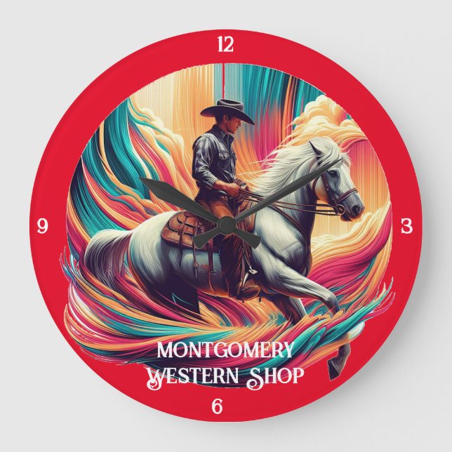 Cowboy on Horseback Vibranno Artwork Große Wanduhr (Vorderseite)