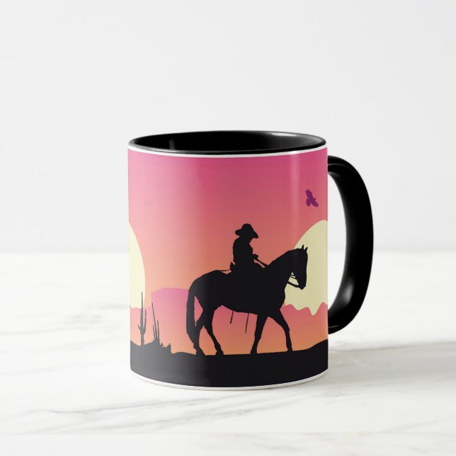 Cowboy, Pferd und rosa Sonnenuntergang Tasse (VorderseiteRechts)