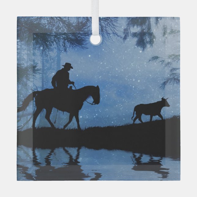 Cowboy Pferd und Steer Weihnachts Country Western Ornament Aus Glas (Vorderseite)