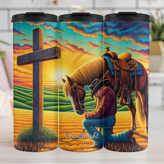 Cowboy Praying Horse Cross Sunset Thermosbecher (Von Creator hochgeladen)