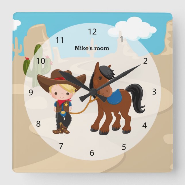 Cowboy Quadratische Wanduhr (Vorderseite)
