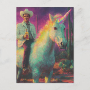 Cowboy reist ein Einhorn in der surrealen Wüste Postkarte