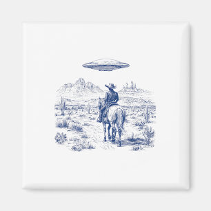 Cowboy Riding Horse Ufo Oberhalb der Wüste Cactus  Magnet