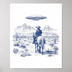 Cowboy Riding Horse Ufo Oberhalb der Wüste Cactus Poster