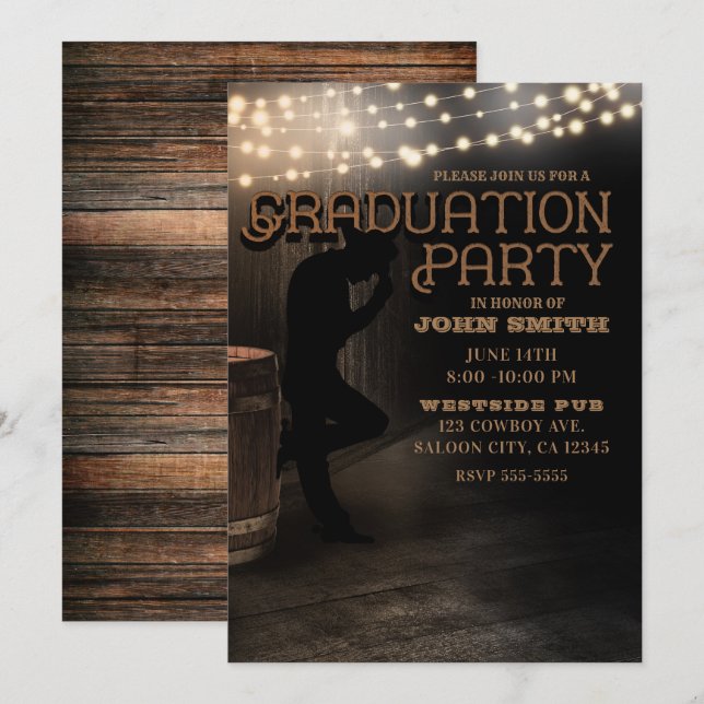 Cowboy Rustic Country Saloon Pub Graduierungsparty Einladung (Vorne/Hinten)
