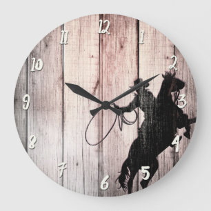 Cowboy Rustic Wood Barn Country Wild West Große Wanduhr