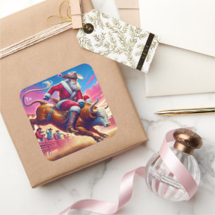 Cowboy Santa Bull Riding Geschenksticker Quadratischer Aufkleber