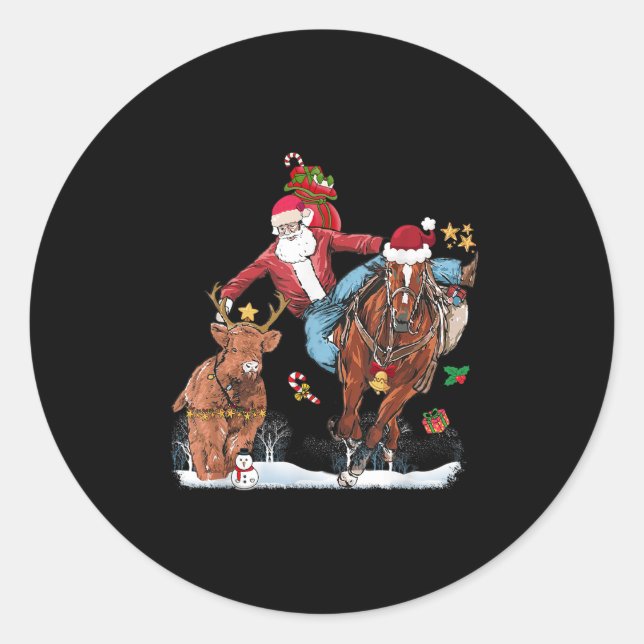 Cowboy Santa Bulldogging Western Cowboy Xmas Funny Runder Aufkleber (Vorderseite)