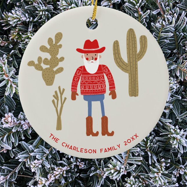Cowboy Santa Claus Christmas Custom Text Keramik Ornament (Fun Cowboy Santa Claus Western Christmas Holidays personalized name date ceramic ornament)
