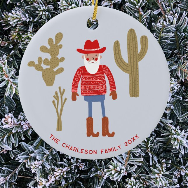 Cowboy Santa Claus Christmas Custom Text Keramik Ornament (Fun Cowboy Santa Claus Western Christmas Holidays personalized name date ceramic ornament)