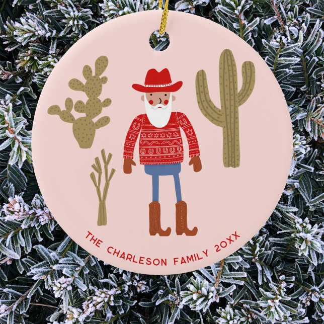 Cowboy Santa Claus Christmas Custom Text Keramik Ornament (Fun Cowboy Santa Claus Western Christmas Holidays personalized name date ceramic ornament)