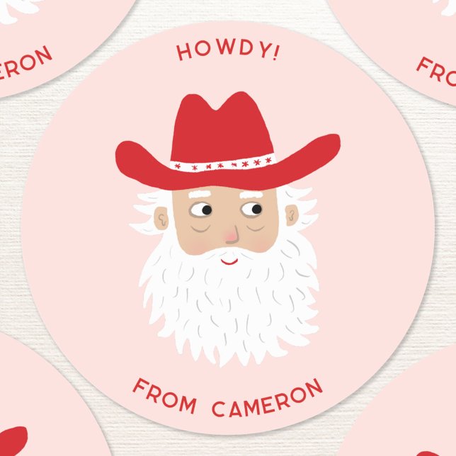 Cowboy Santa Claus Christmas Custom Text Pink Runder Aufkleber (Fun Cowboy Santa Claus Western Christmas Holiday custom text sticker)