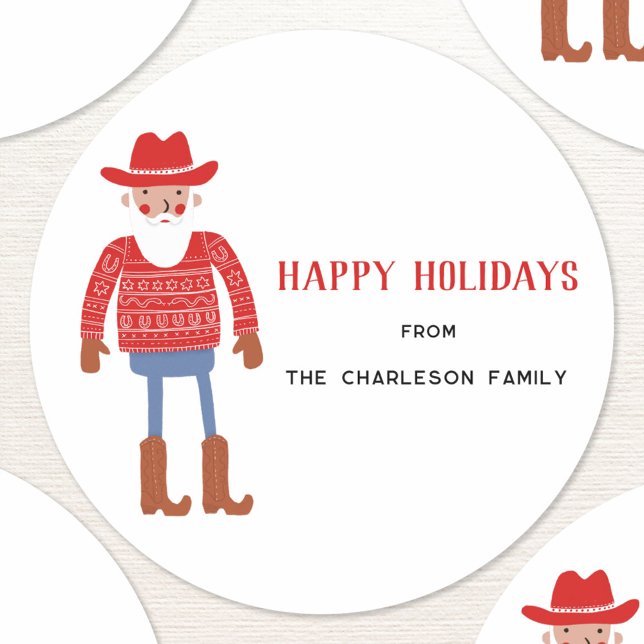 Cowboy Santa Claus Christmas Runder Aufkleber (Fun Cowboy Santa Claus Western Christmas Holiday sticker custom text)
