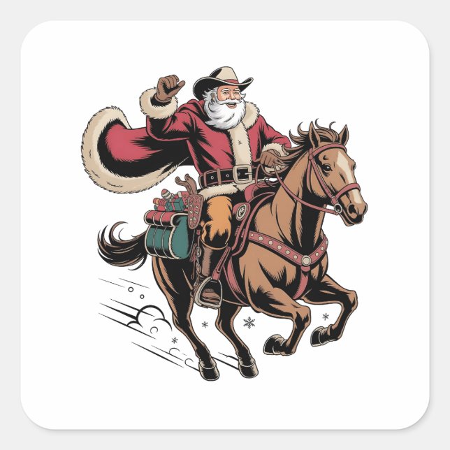 Cowboy Santa Claus Reiten Ein Pferd Weihnachten Quadratischer Aufkleber (Vorderseite)