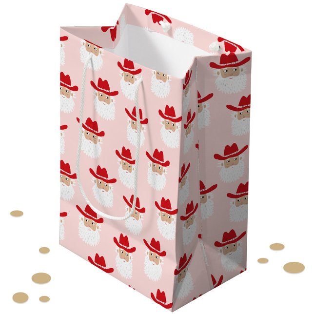 Cowboy Santa Claus Western Christmas Pink Mittlere Geschenktüte (Fun Cowboy Santa Claus Western themed Christmas Holiday gift bag)
