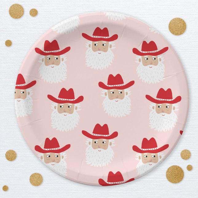 Cowboy Santa Claus Western Christmas Pink Pappteller (Fun Cowboy Santa Claus Western Holidays Christmas party paper plate)