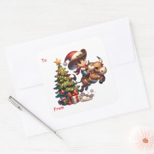 Cowboy Santa Kid Bull Riding Weihnachtsaufkleber Quadratischer Aufkleber
