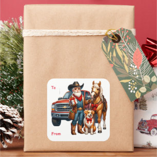 Cowboy Santa Truck und Hundeschorn Weihnachten Quadratischer Aufkleber