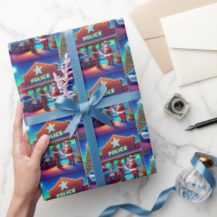 Cowboy Santa und Polizei schauen auf die unheilvol Geschenkpapier